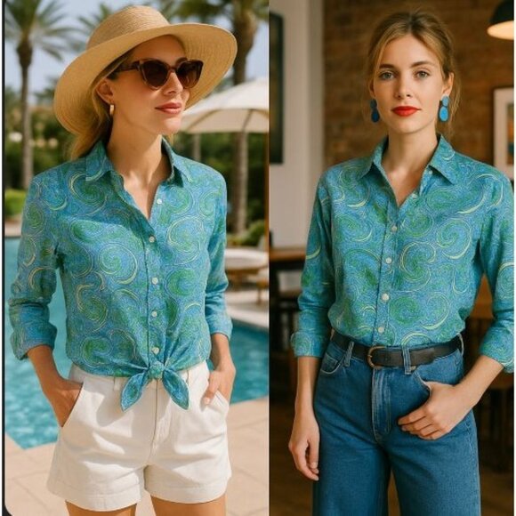 Talbots Women's Paisley Button Front Shirt Blue/Green 10 Preppy Coastal Capsule - Picture 1 of 12